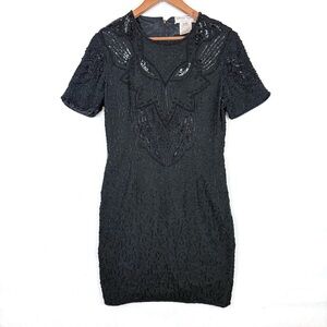 Adrianna Papell Black Beaded Cocktail Dress LBD
